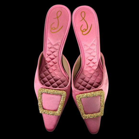Sam Edelman Brit Satin Mule Pink Pointy Embellished Buckle Quilted Kitten Heel 8 - Picture 2 of 15